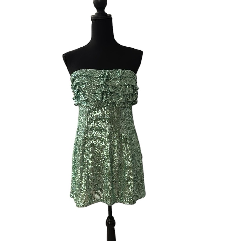 NWOT Free People Frida Seafoam Green Sequin Ruffle Dress Size 2
